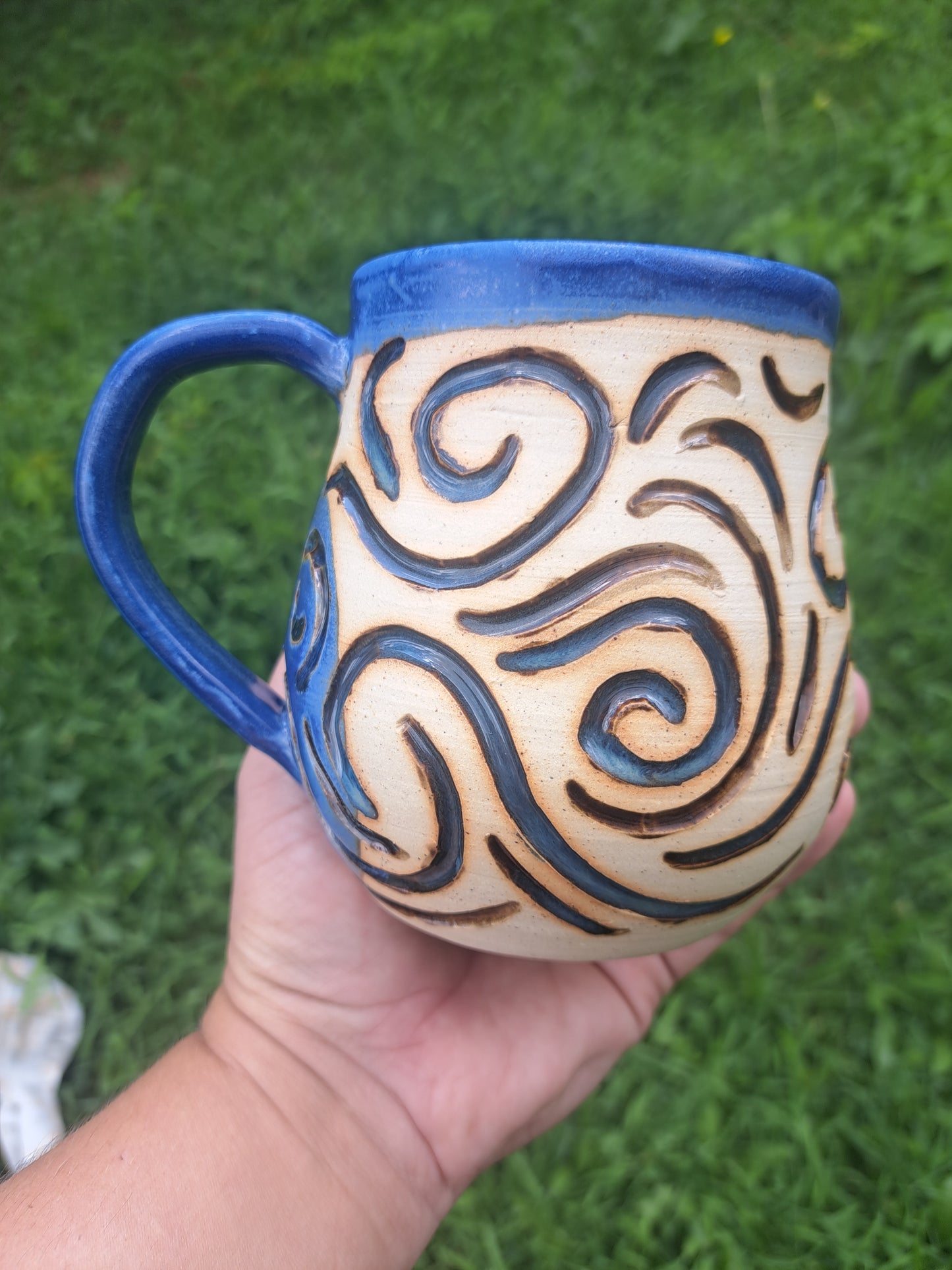 Mug, 55, sapphire/floating blue, raw clay. carved