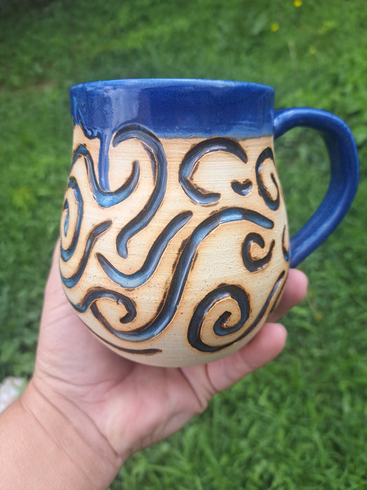 Mug, 55, sapphire/floating blue, raw clay. carved