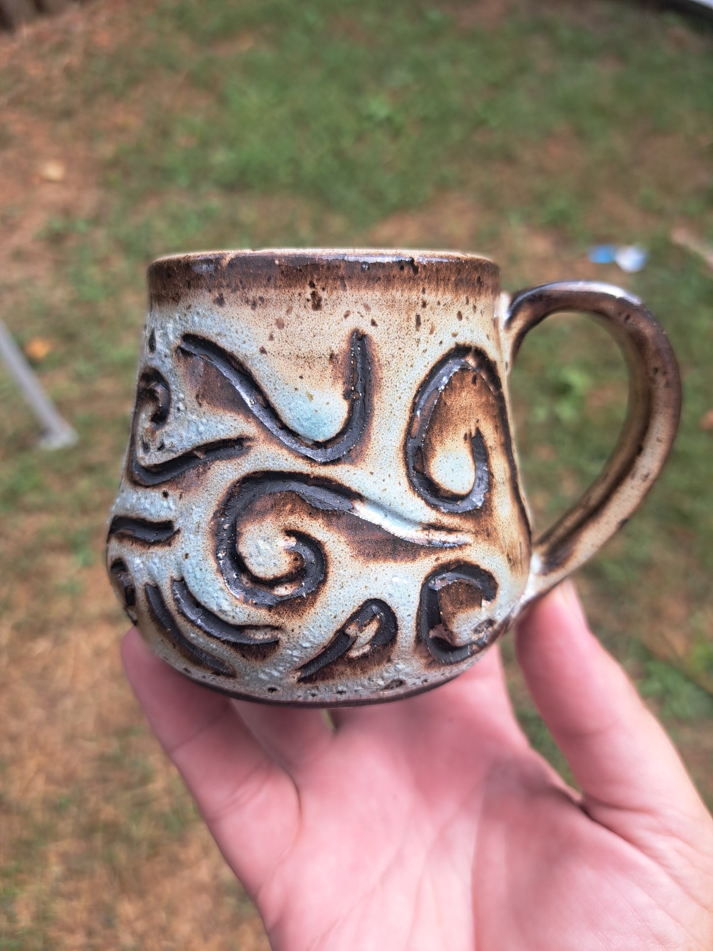 Mug, Frosty Celadon, carved