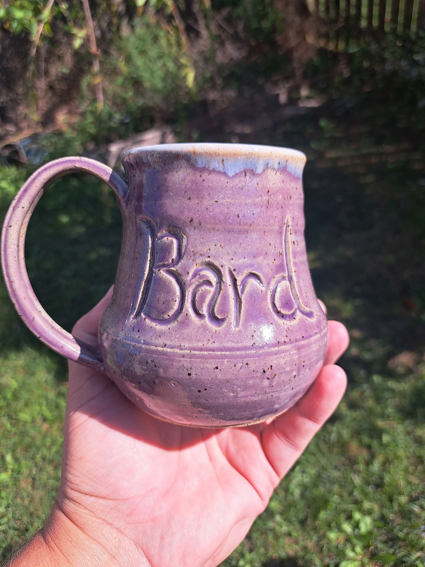 Mug, Identity, 112, purple celadon/frosty white, carved, Bard