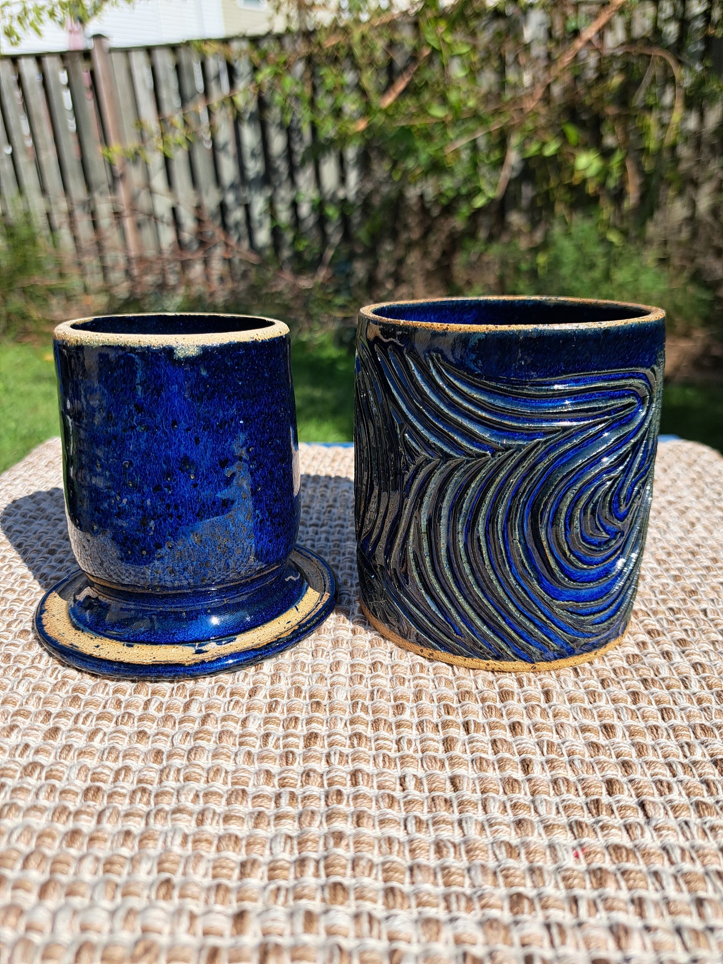 Blue carved butter bell