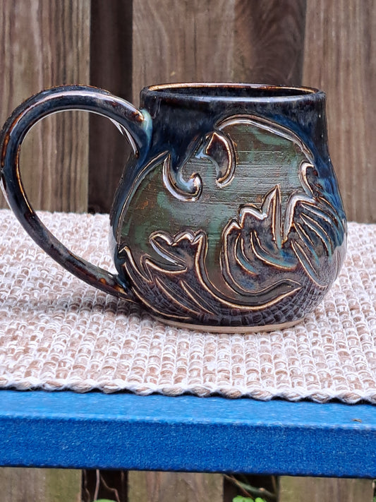 Mug, Carved, 112, Floating Blue, Green Dragons