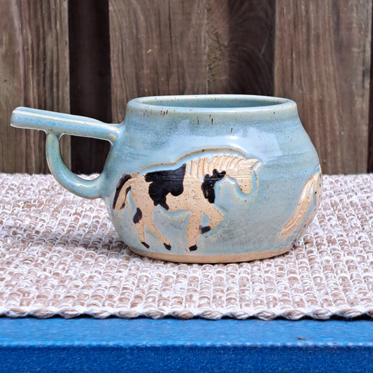 Mug, Gotland, Carved, Soft Celadon, Horses, Palomino, Leopard, Paint