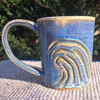 Mug, Carved, Reduction-fired, Blue Rutile, Waves
