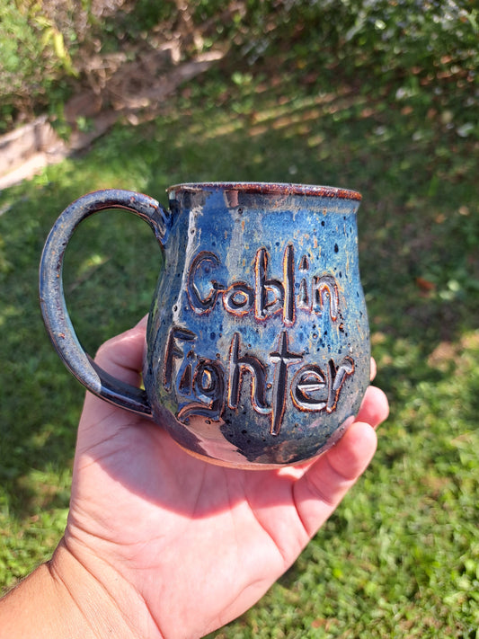 Mug, Identity, 112, Floating blue, Carved, Sprigged, Goblin Fighter