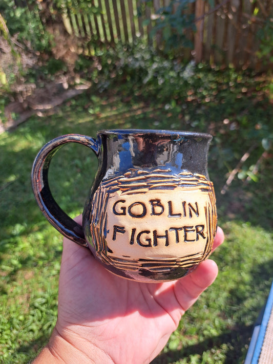 Mug, Identity, 112, Floating Tan/Adventurine, Sprigged, Goblin Fighter