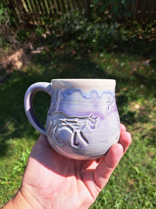 Mug, 55, purple celadon/frosty white, carved, cats and stars