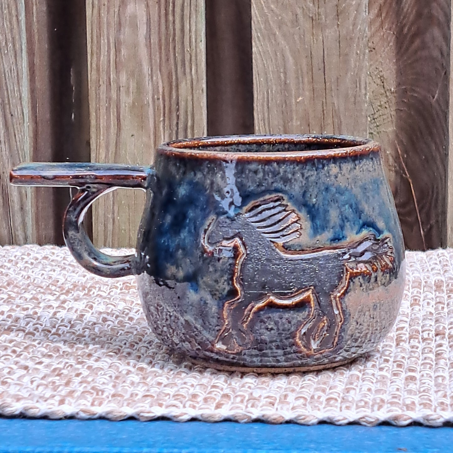 Mug, Gotland, Carved, Floating Blue, Horses, Black and Dappled Grey
