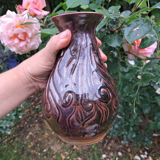 Vase, carved, reduct-fired, Temmoku, Falling Stars