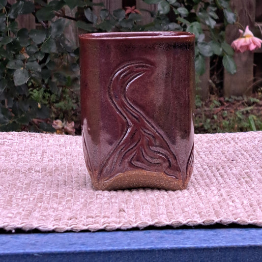 Vase, carved, reduct-fired, Temmoku, elemental tendrils