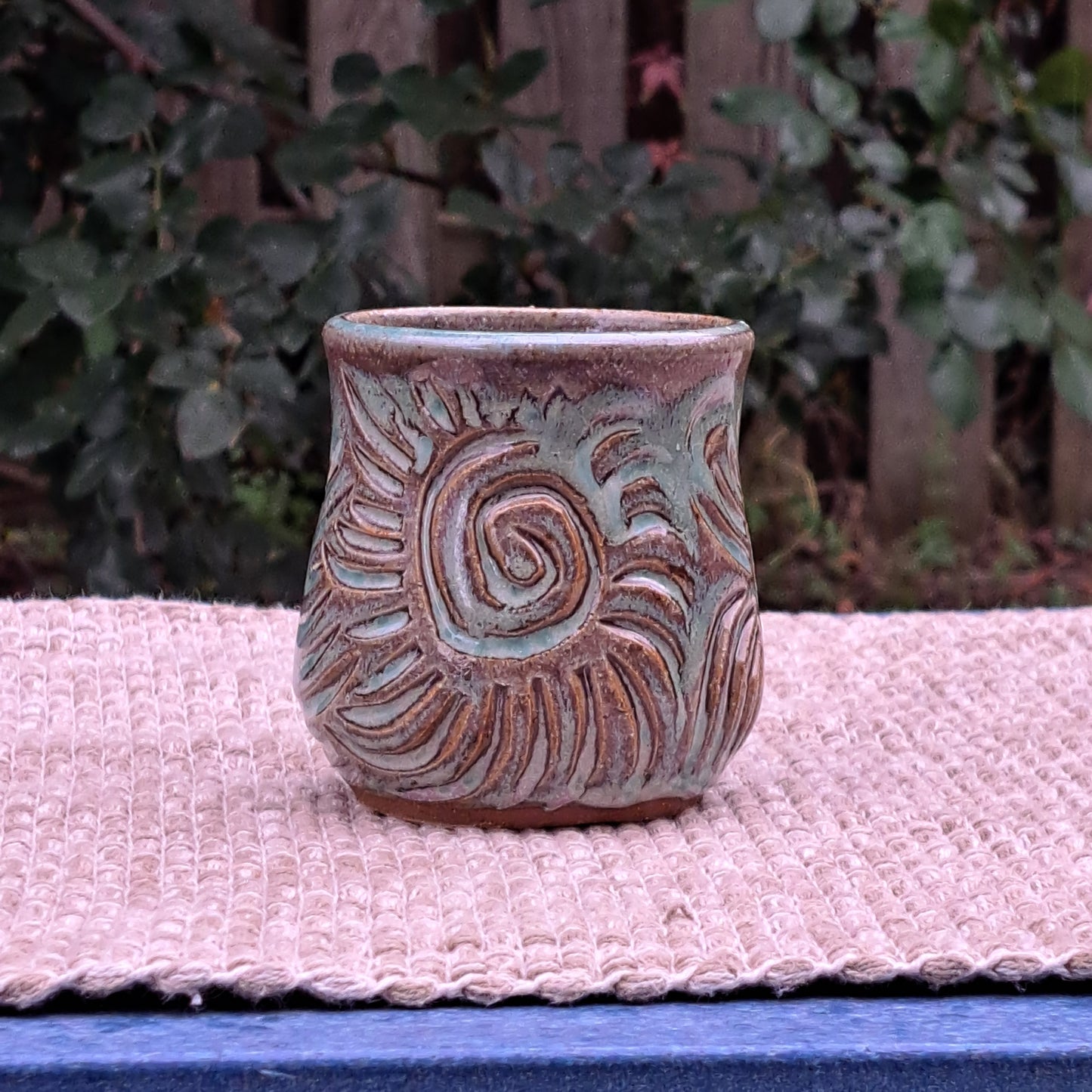 Cup, carved, reduct-fired, Val's Turquoise, spirals and lines