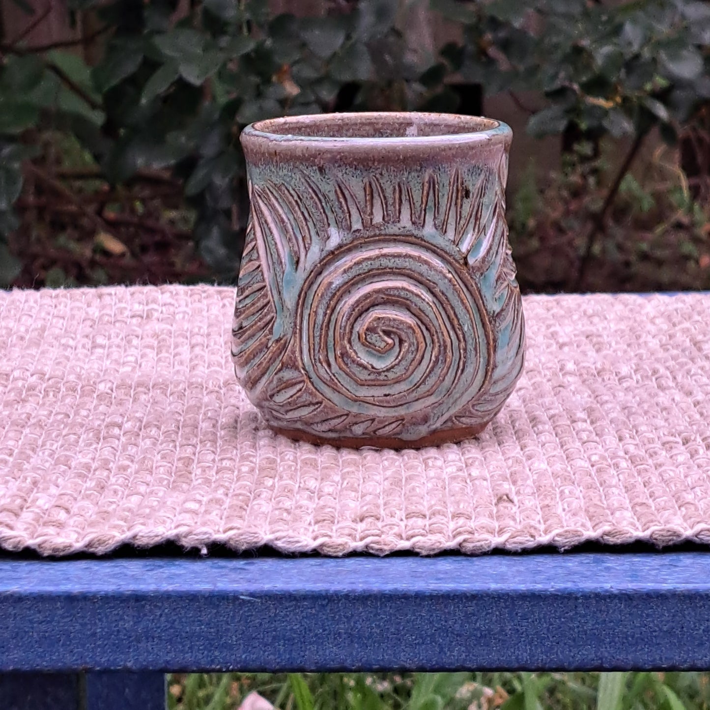 Cup, carved, reduct-fired, Val's Turquoise, spirals and lines