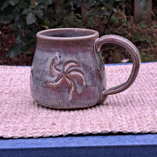 Mug, carved, reduct-fired, Val's Turquoise, spiral stars