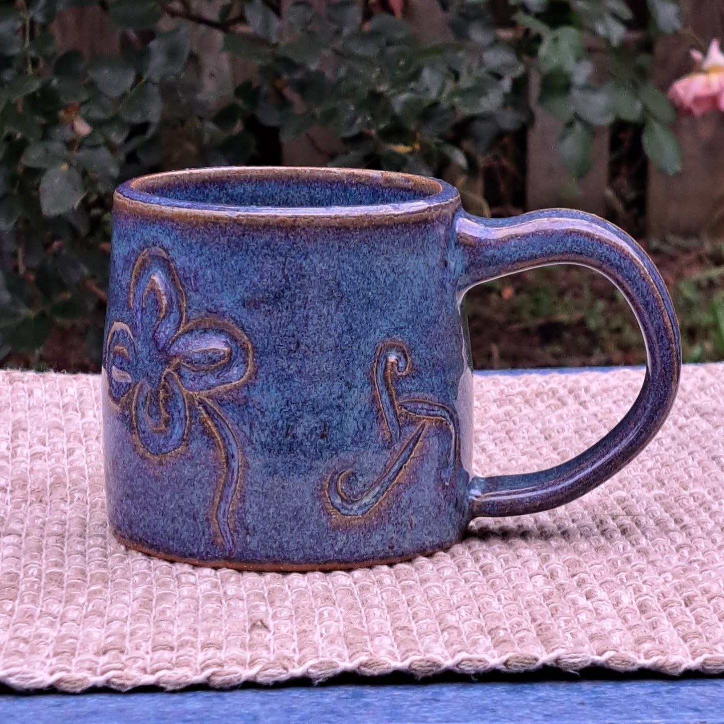 Mug, carved, reduct-fired, multiblue, clover/spirals/trisks