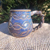 Mug, Carved, 153, reduction-fired, Multiblue, Braided handle