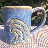 Mug, Carved, Reduction-fired, Blue Rutile, Waves
